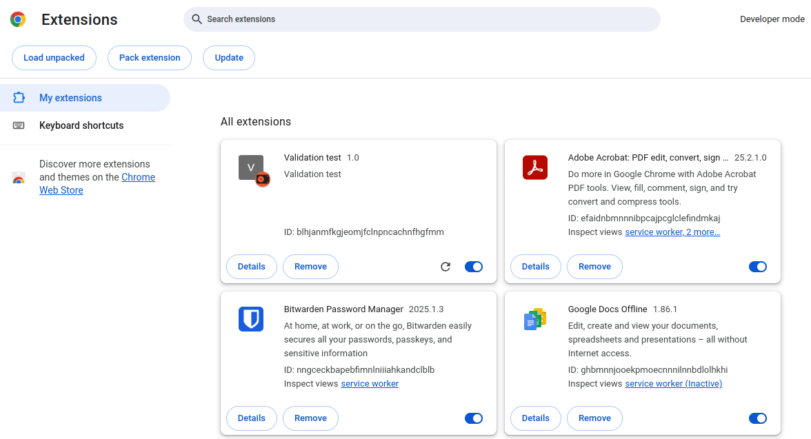 Figure: \caption{Chrome extension administrator page showing a list of the installed extensions.}
