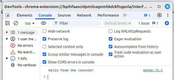 Figure: \caption{Viewing the developer console for the extensions user interface.}
